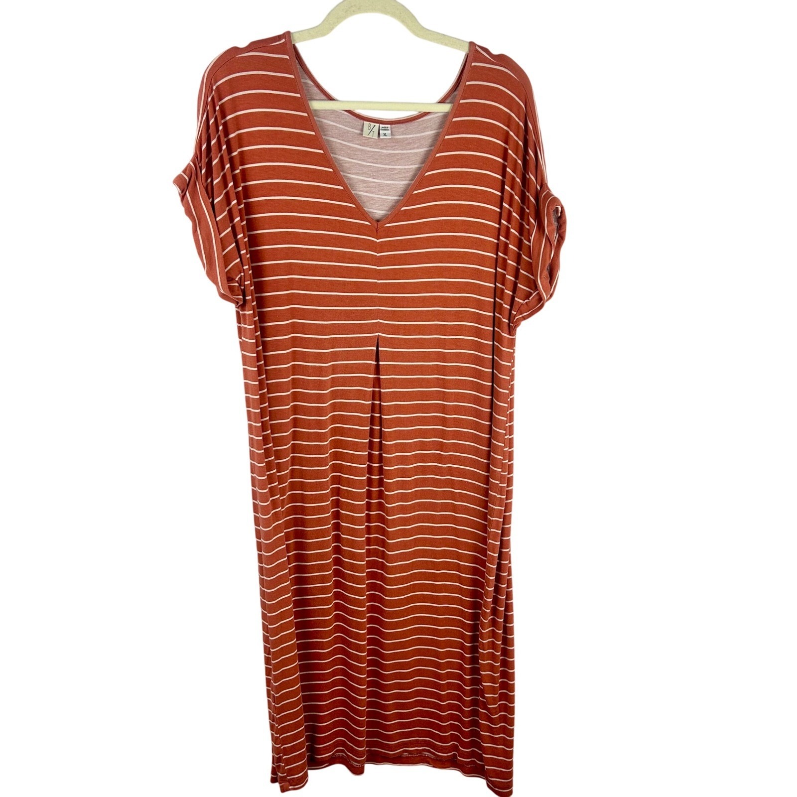 Bytavi B/T Women Xl Orange Stripe V Neck Knee Length Dress Short Sleeve Stretch — image 2 of 8